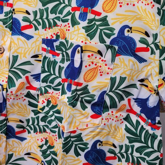 EPMO Hawaiian Men Tropical Short Sleeve Shirt Toucan & Leaf Print Size Large - Picture 4 of 10